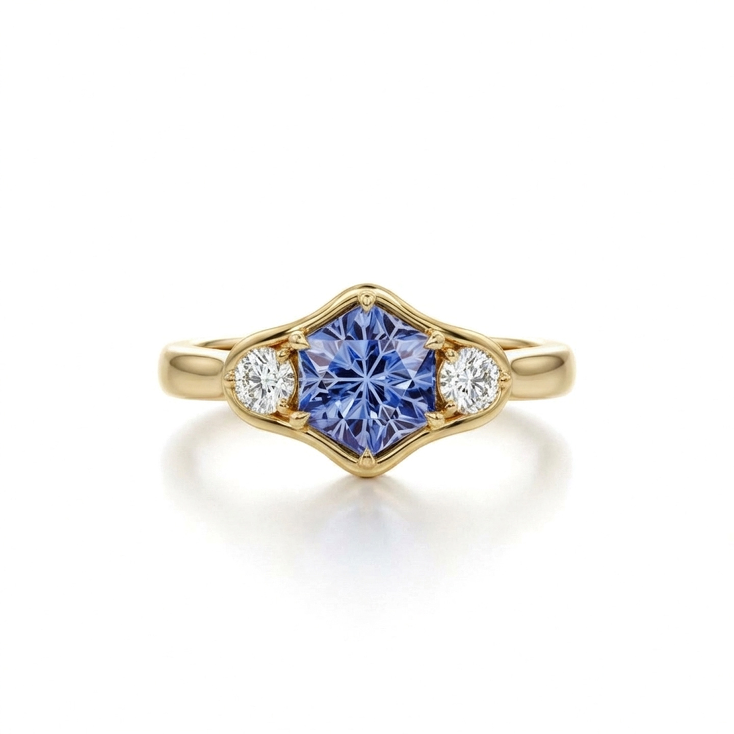 Frost Lace Hex Ring in 18k yellow gold with a hexagonal lab sapphire center stone and accent diamonds.